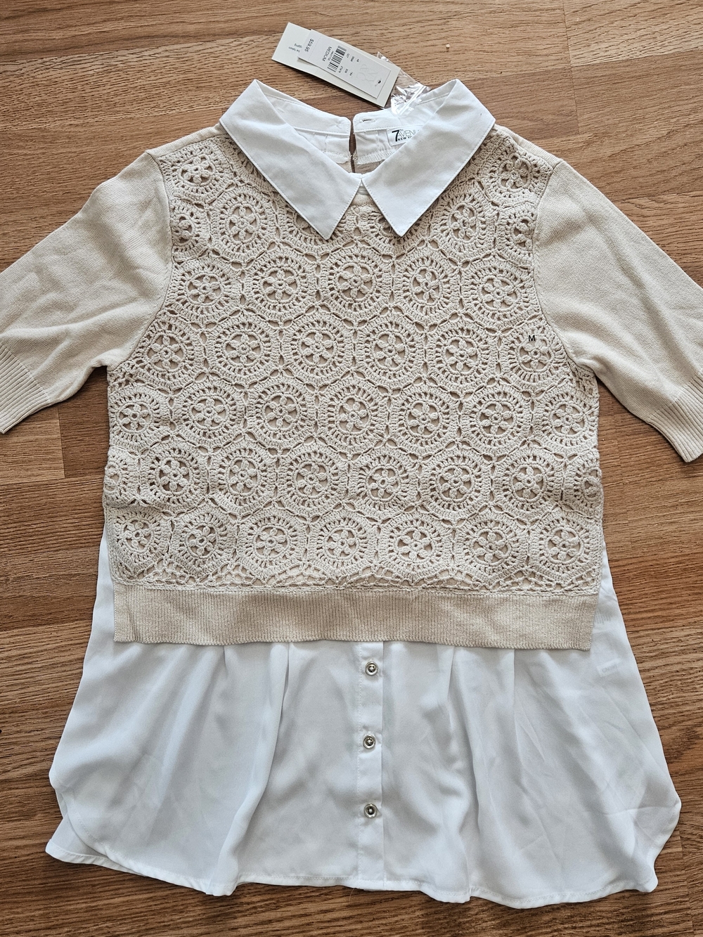 New York & Co. Cream Crochet-Layered Dress Shirt